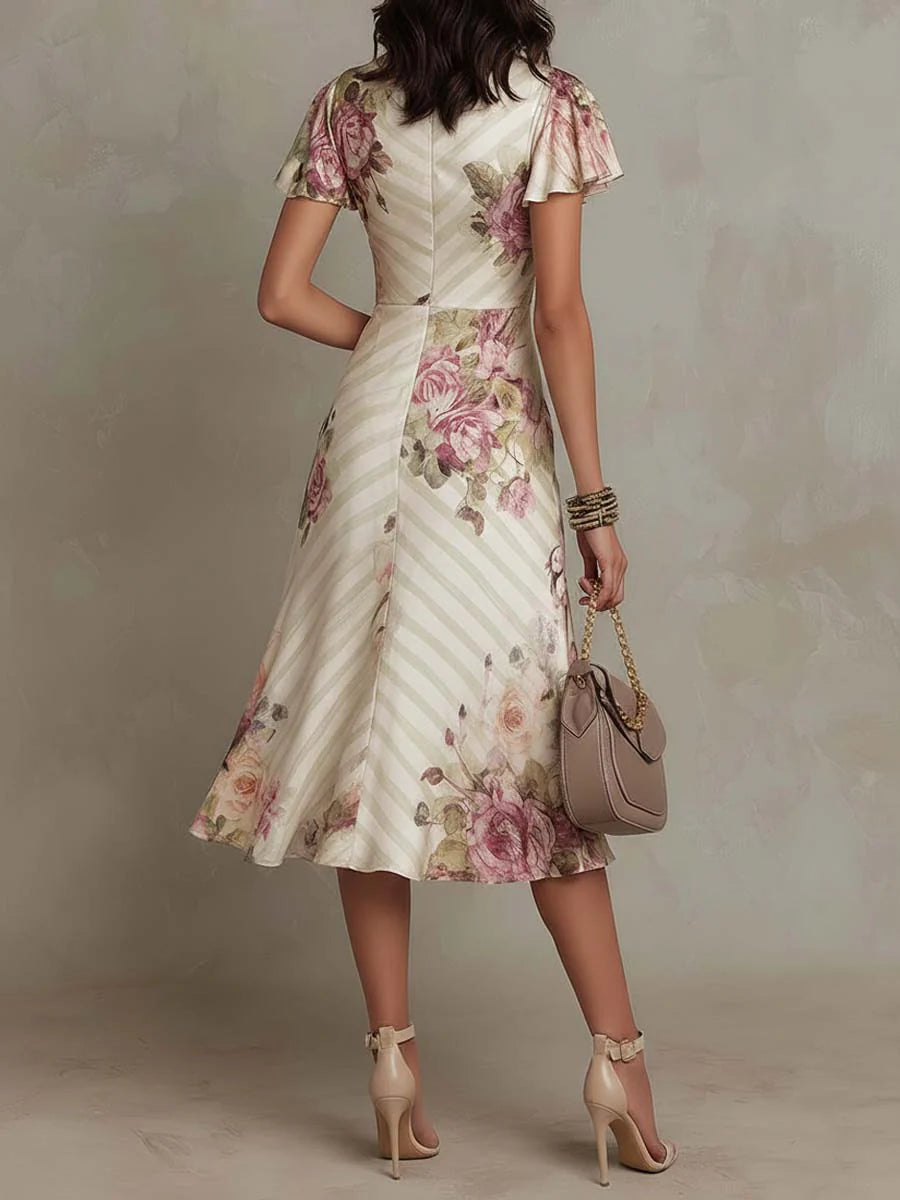 Margaret | Robe midi en satin à motif floral vintage
