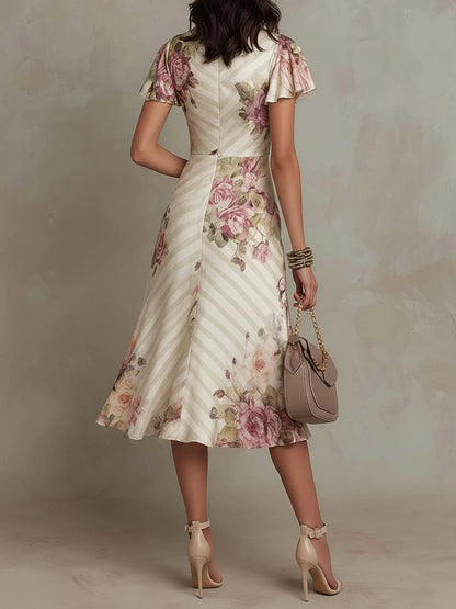 Margaret | Robe midi en satin à motif floral vintage