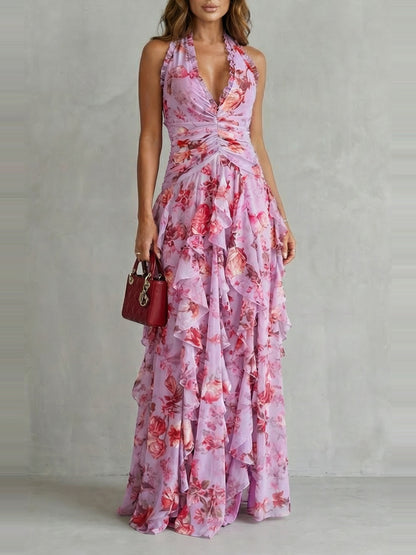 Belladina | Robe longue romantique avec un imprimé de roses en cascade et un décolleté américain