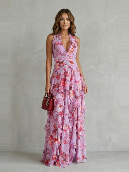 Belladina | Robe longue romantique avec un imprimé de roses en cascade et un décolleté américain