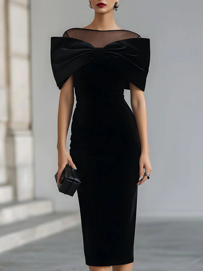 Regina | Robe midi en velours noir avec un nœud spectaculaire