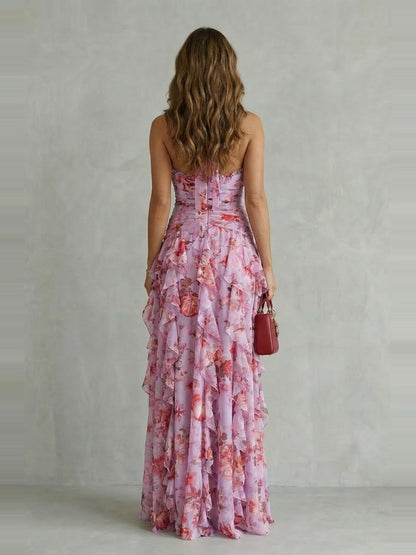 Belladina | Robe longue romantique avec un imprimé de roses en cascade et un décolleté américain