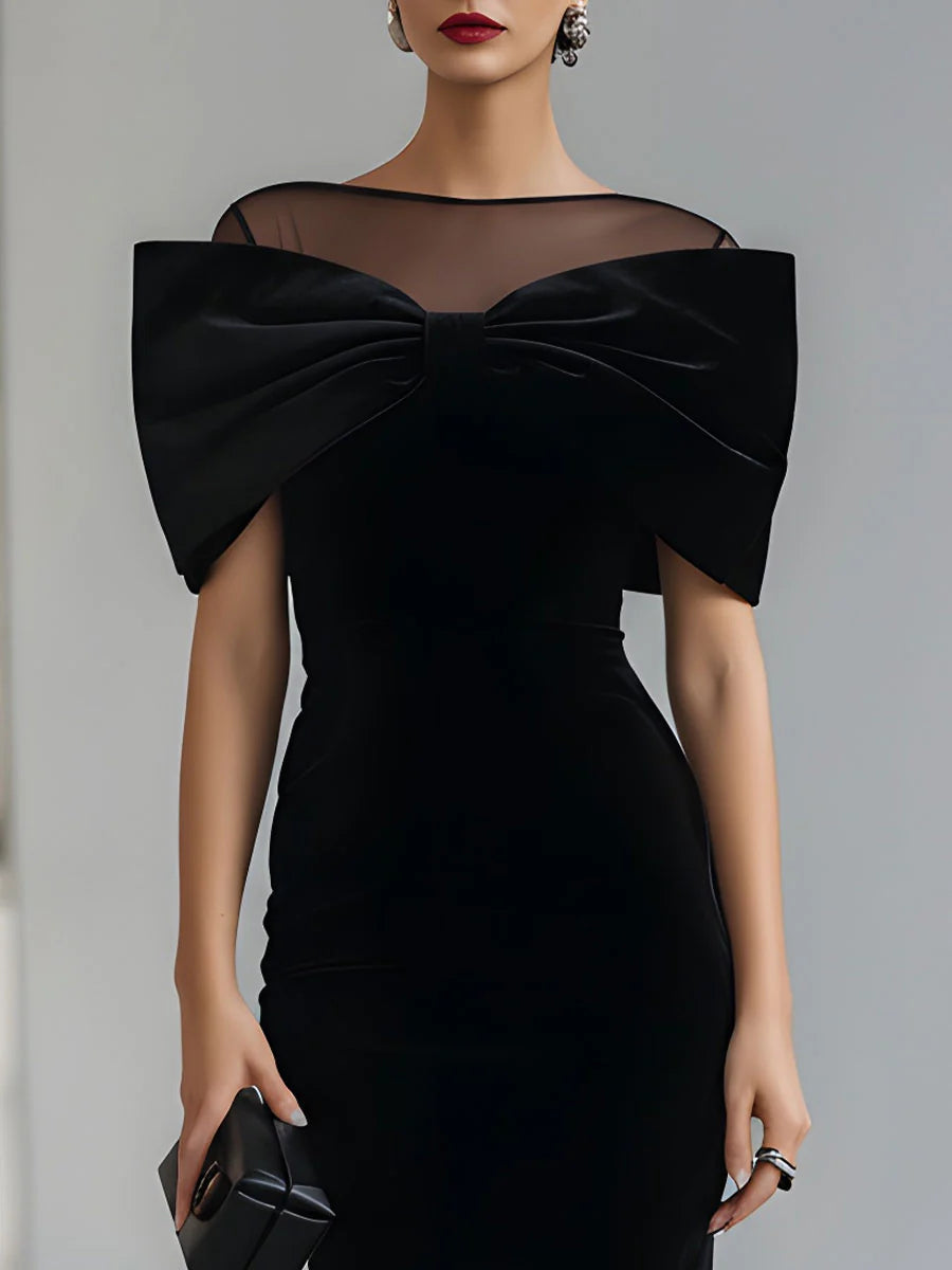 Regina | Robe midi en velours noir avec un nœud spectaculaire