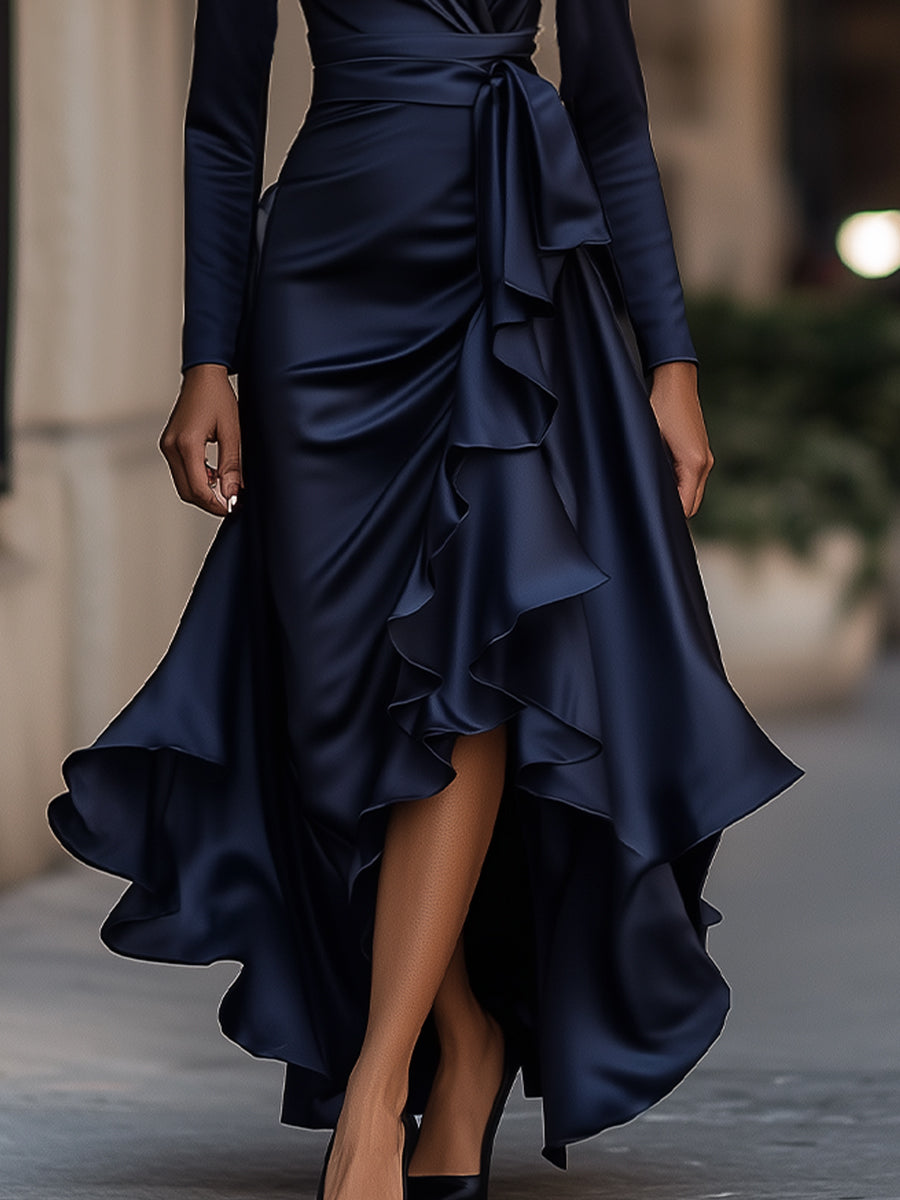 Palma | Robe longue drapée en satin avec des volants