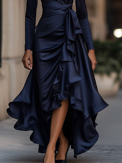 Palma | Robe longue drapée en satin avec des volants
