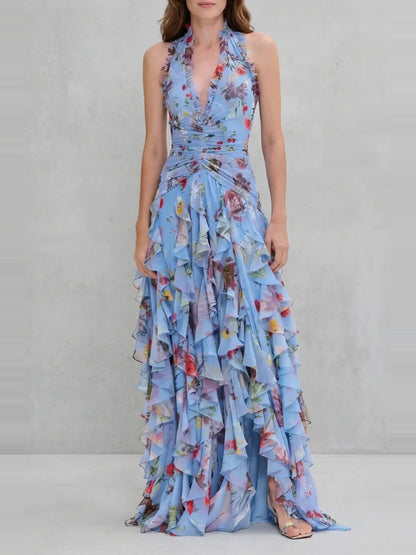 Belladina | Robe longue romantique avec un imprimé de roses en cascade et un décolleté américain