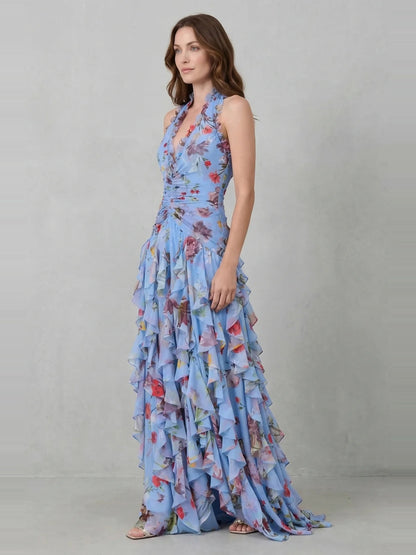Belladina | Robe longue romantique avec un imprimé de roses en cascade et un décolleté américain