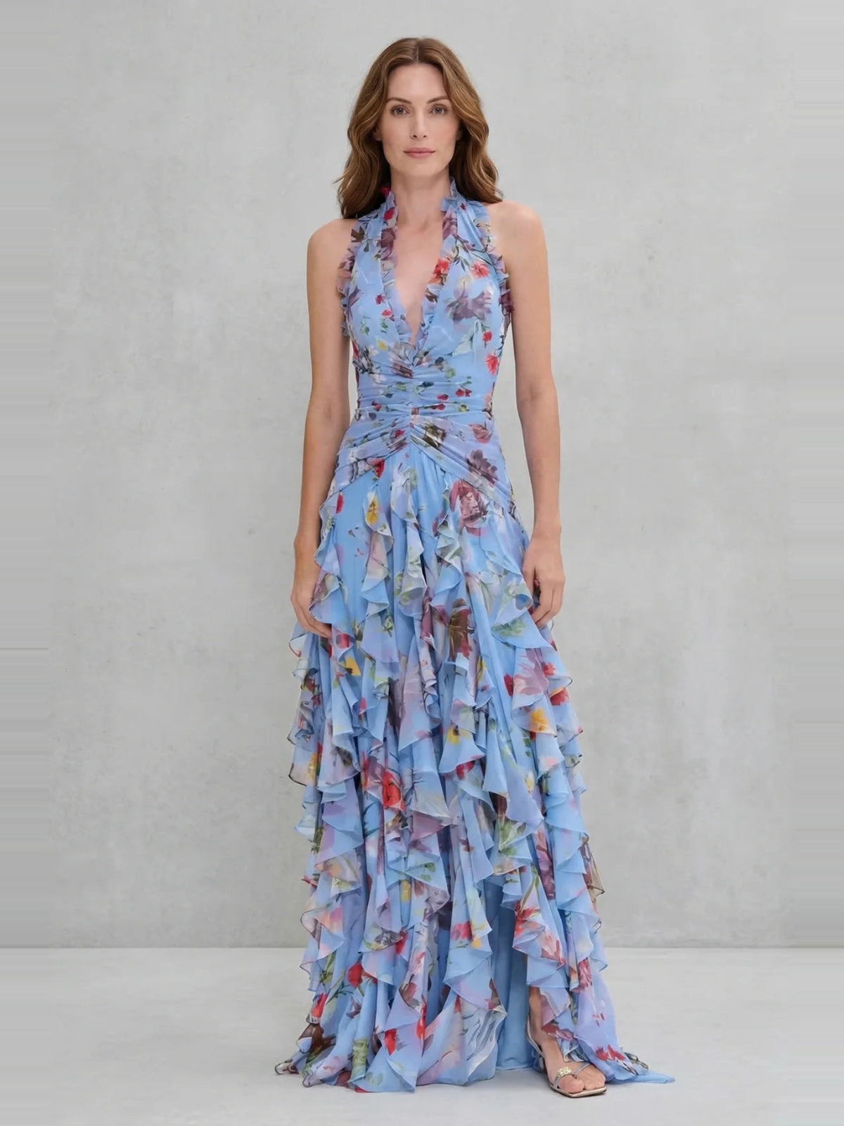 Belladina | Robe longue romantique avec un imprimé de roses en cascade et un décolleté américain