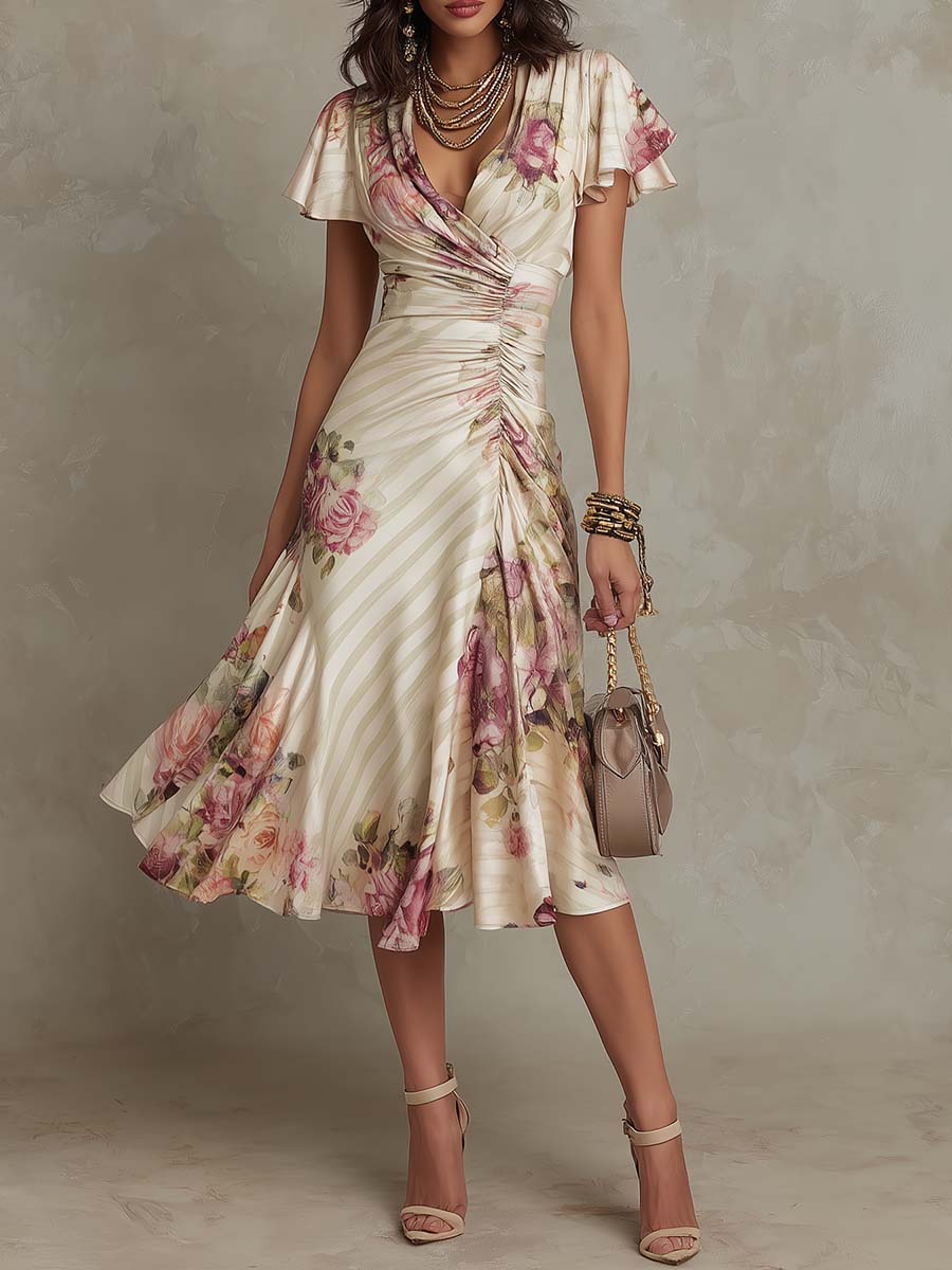 Margaret | Robe midi en satin à motif floral vintage