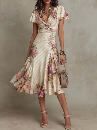 Margaret | Robe midi en satin à motif floral vintage