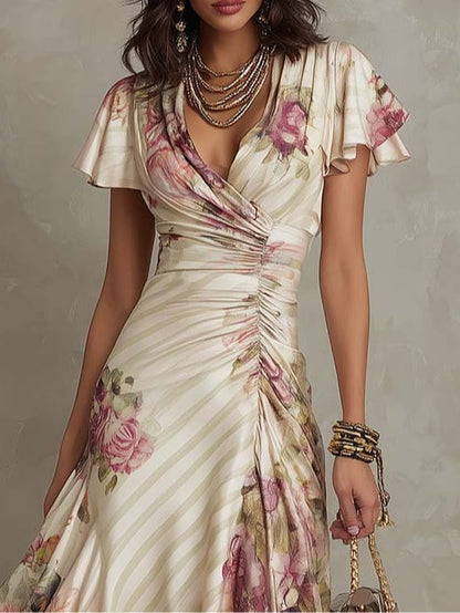 Margaret | Robe midi en satin à motif floral vintage