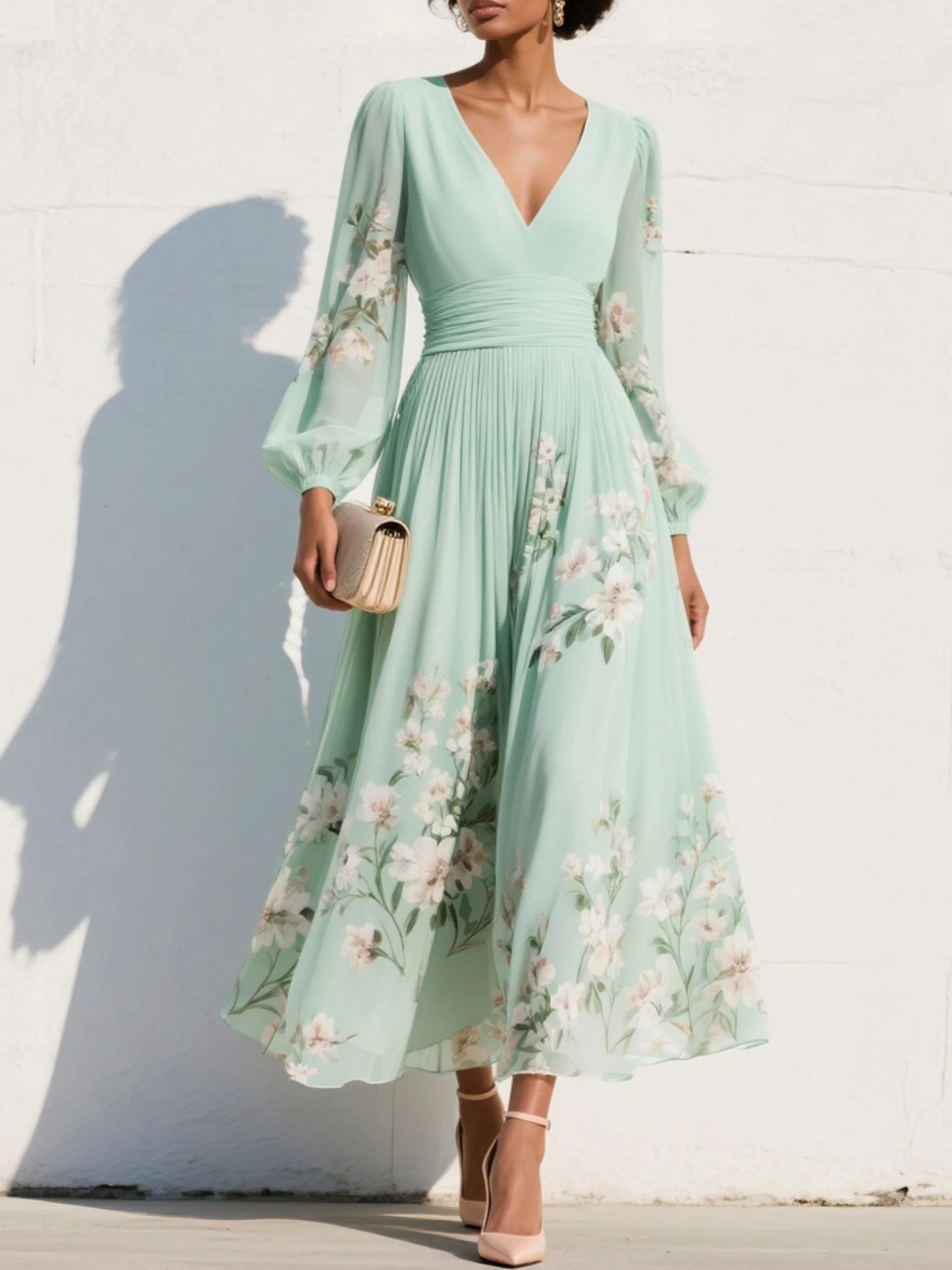 Cisella | Robe midi vert clair à imprimé floral