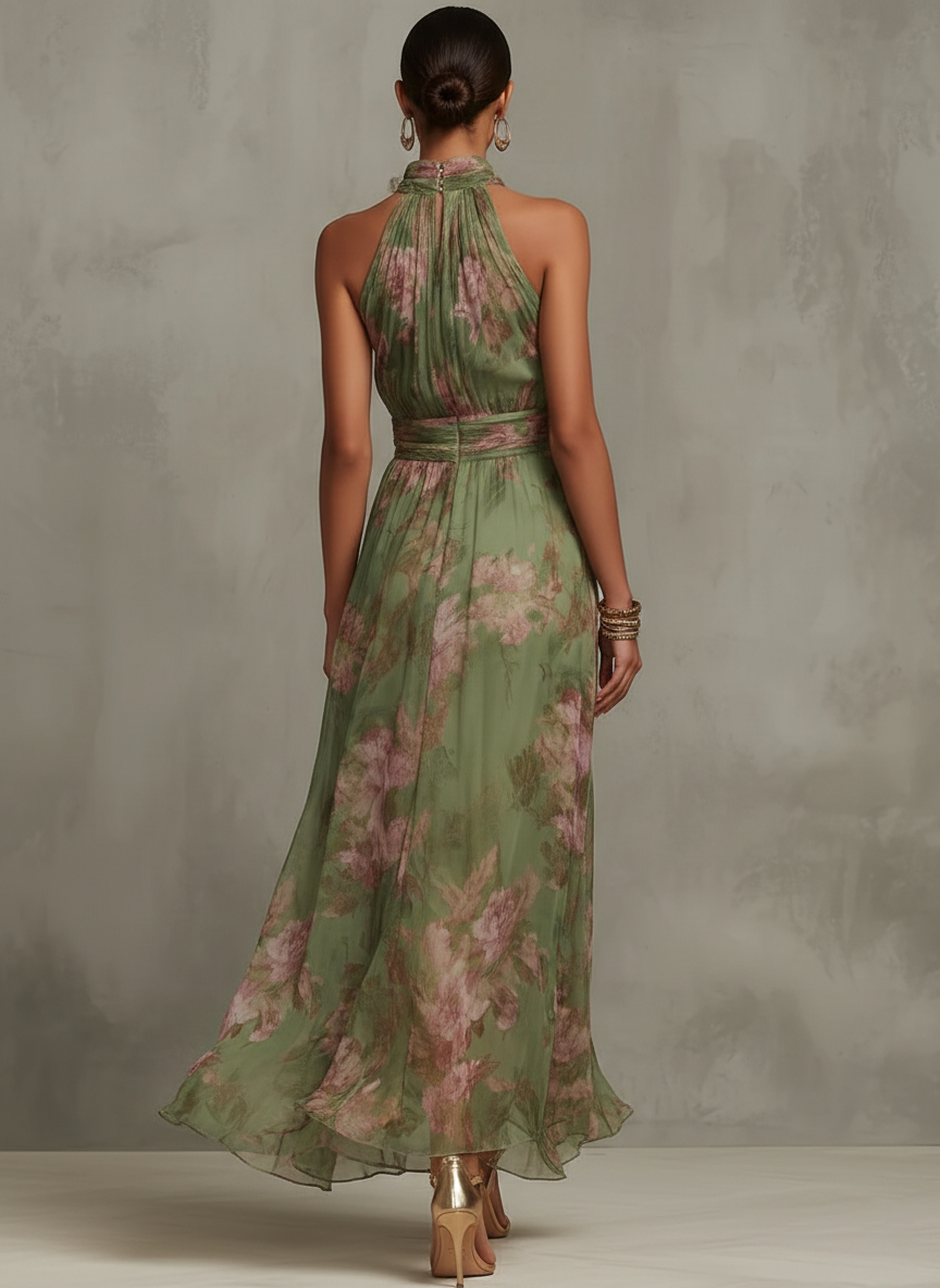 Livia | Robe longue à col licou, à motifs floraux, élégante