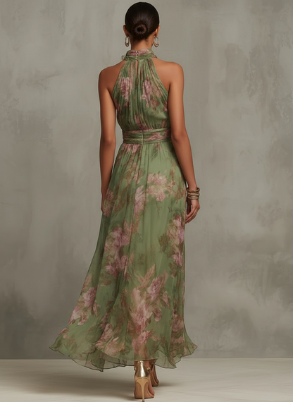 Livia | Robe longue à col licou, à motifs floraux, élégante