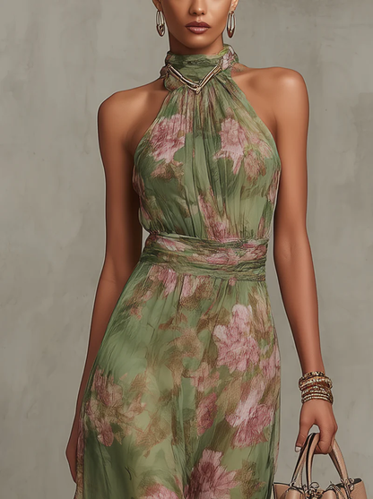 Livia | Robe longue à col licou, à motifs floraux, élégante