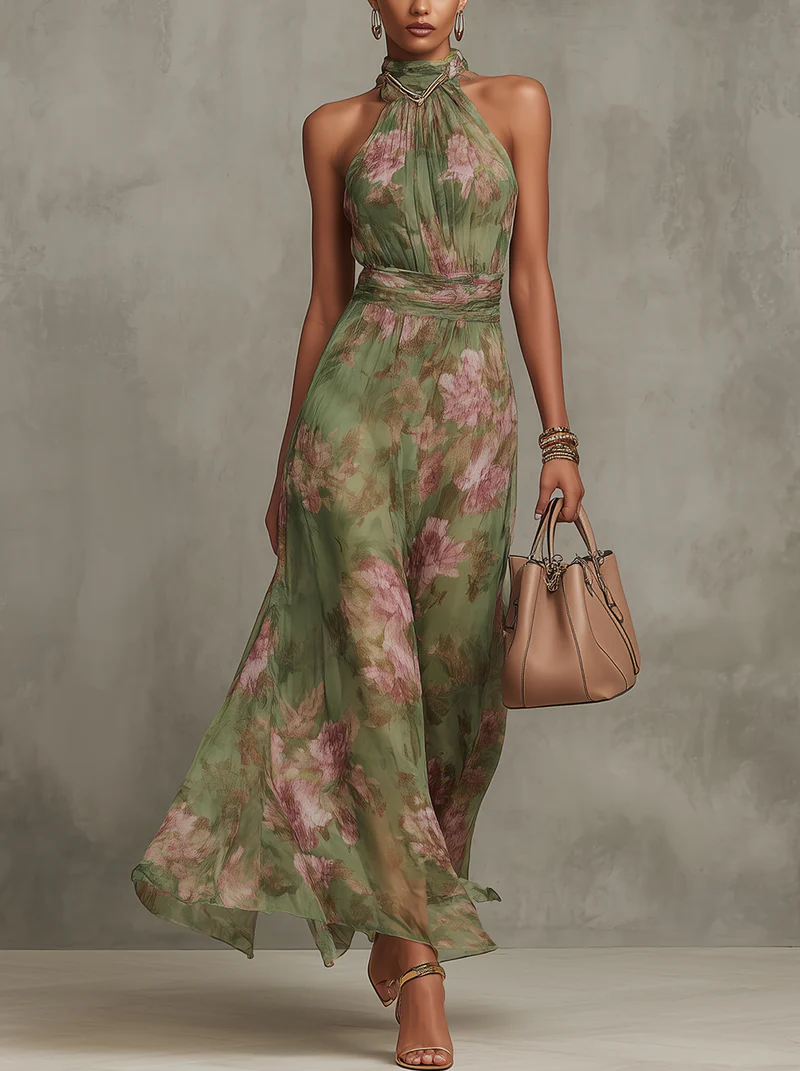 Livia | Robe longue à col licou, à motifs floraux, élégante