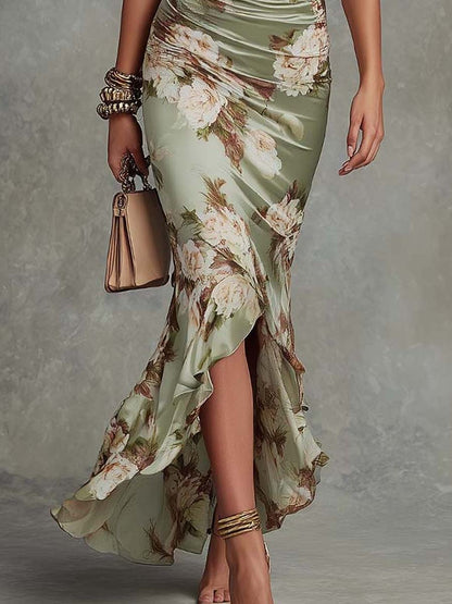 Anna | Robe longue asymétrique en satin vert avec encolure en V