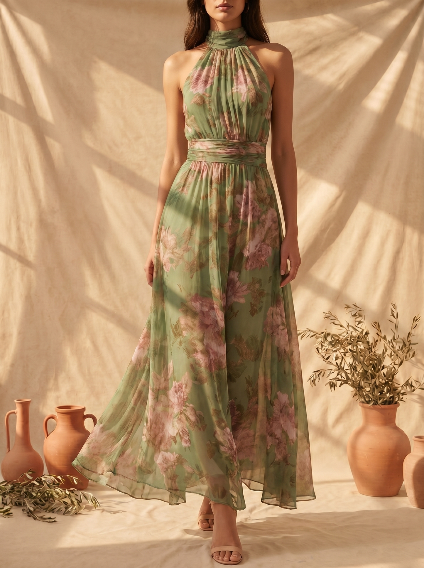 Livia | Robe longue à col licou, à motifs floraux, élégante
