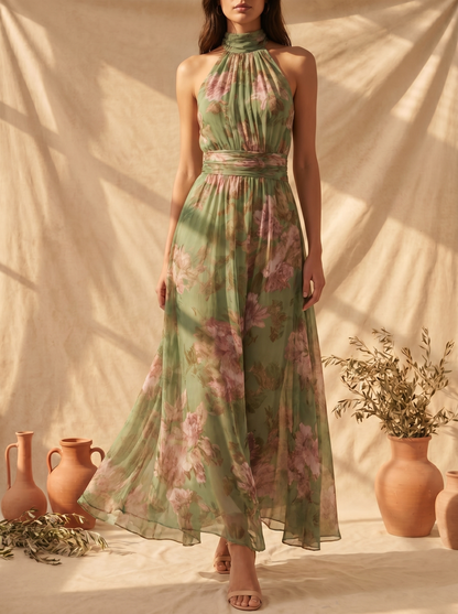 Livia | Robe longue à col licou, à motifs floraux, élégante