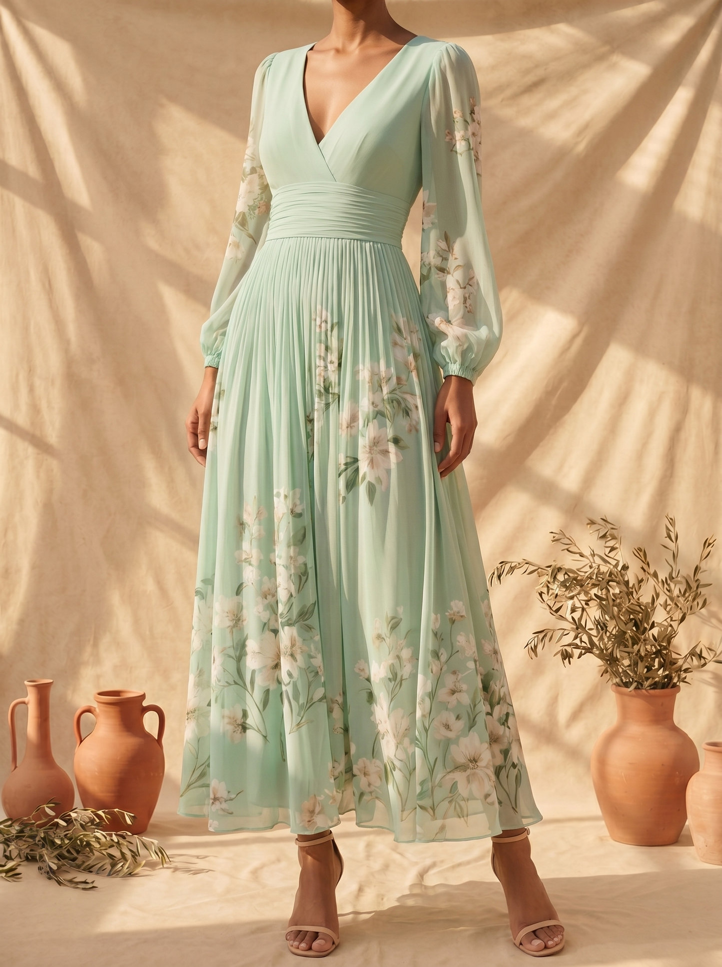Cisella | Robe midi vert clair à imprimé floral