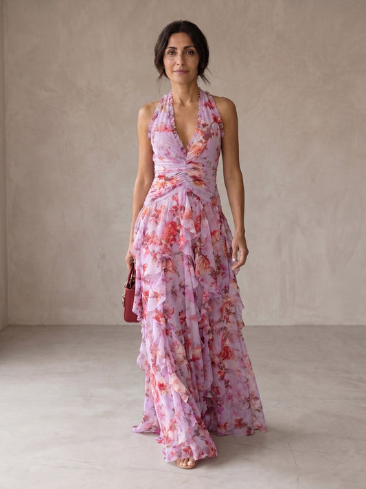 Belladina | Robe longue romantique avec un imprimé de roses en cascade et un décolleté américain