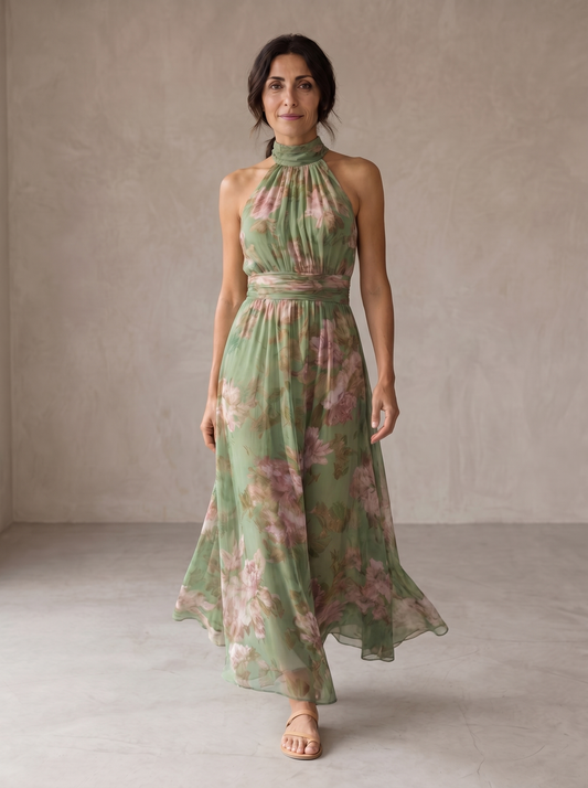Livia | Robe longue à col licou, à motifs floraux, élégante
