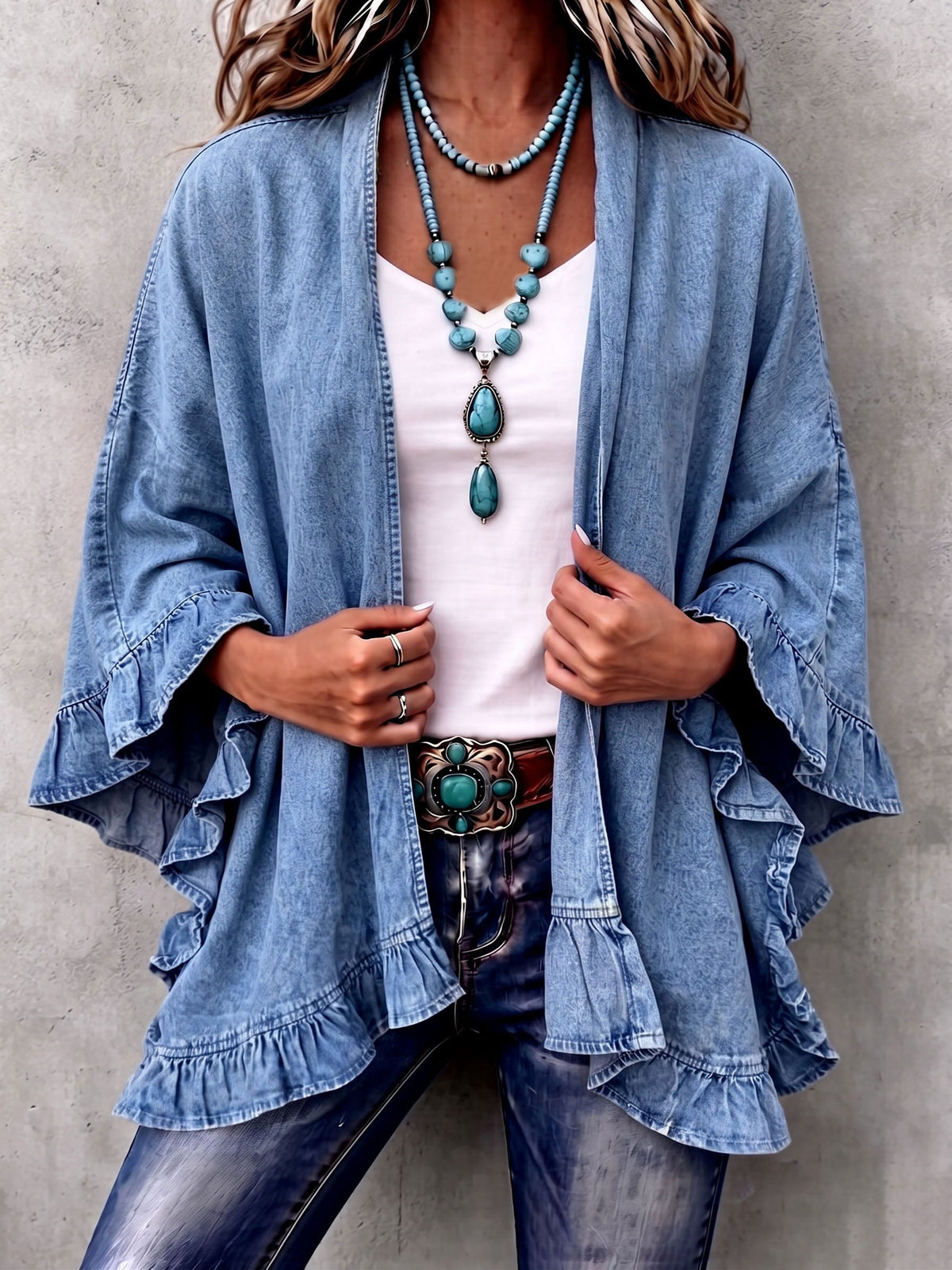 Corinne | Cardigan chic bohème en jean à volants