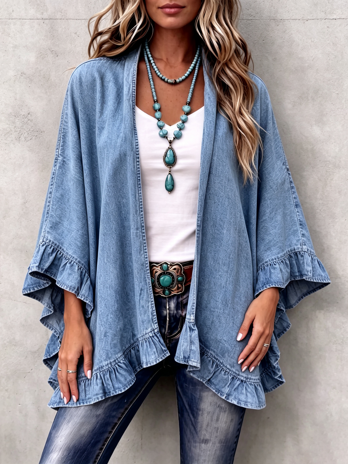 Corinne | Cardigan chic bohème en jean à volants